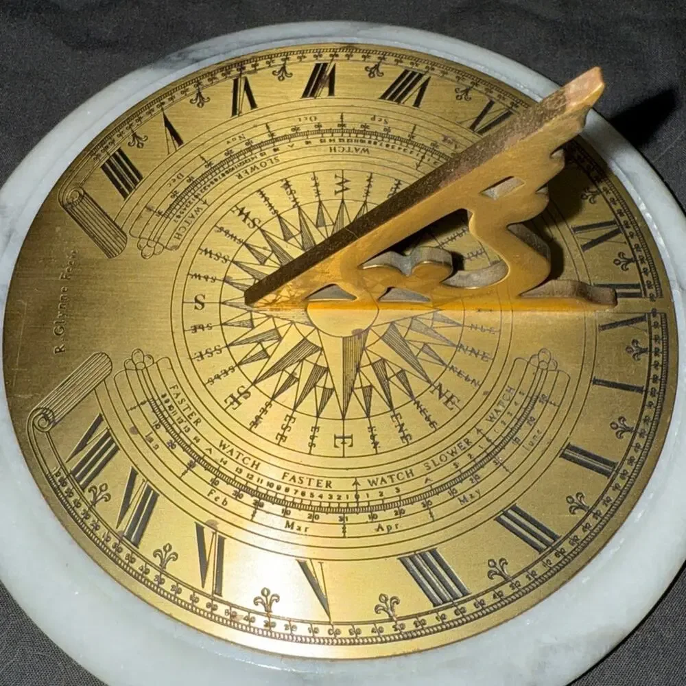 Vintage R Glynne Fecit Sundial Desk Decor Paperweight MCM Brass Marble